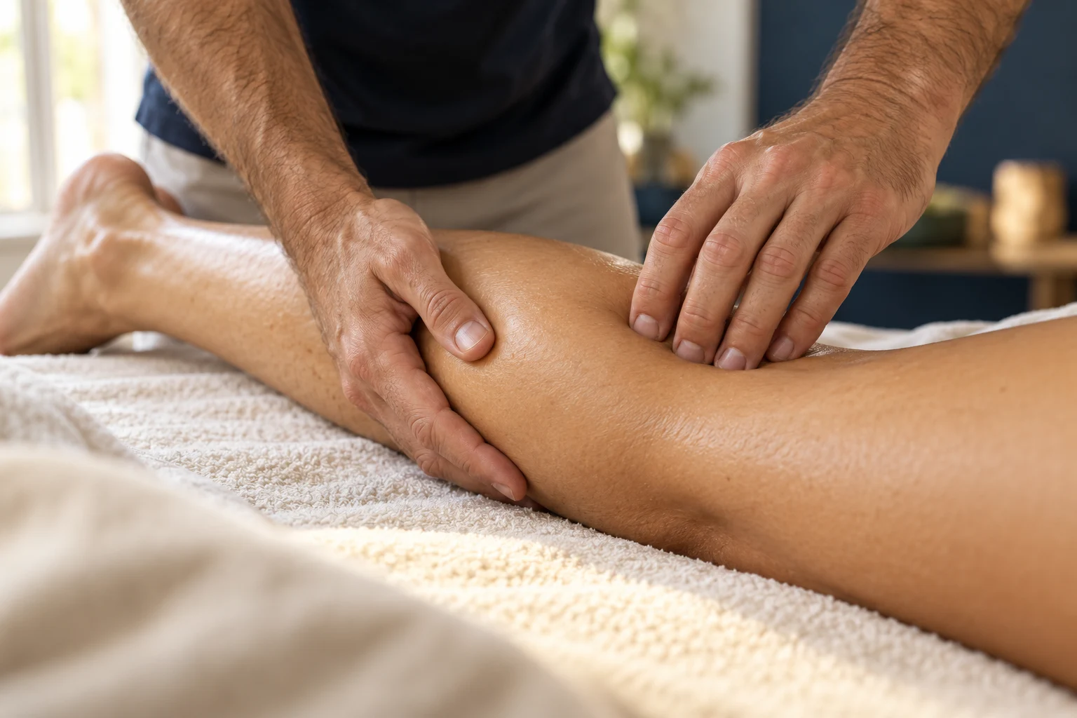 Mãos masculinas avaliando delicadamente os músculos da panturrilha — imagem ilustrativa de massagem regenerativa